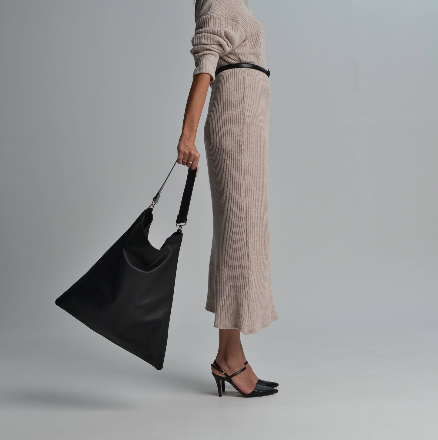 ANA KOUTSI - Akathi leather bag in black: Silver Hardware / Black Strap