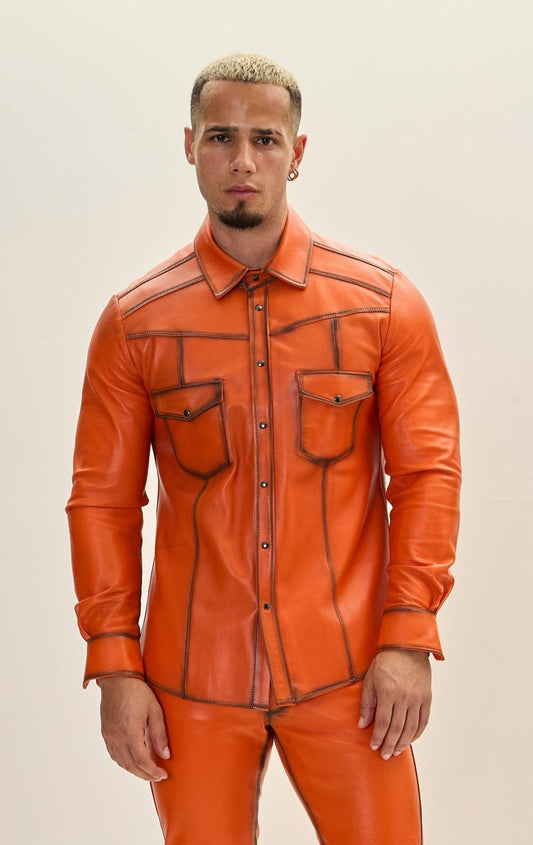 Ron Tomson - Men's Genuine Lambskin Leather Shirt - Orange Tint: ORANGE TINT / 4XL (48 US)