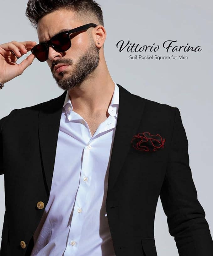 Dubal Brothers - Vittorio Farina Round Satin Pocket Square with Embroidered Piping: Bubblegum Pink and Black