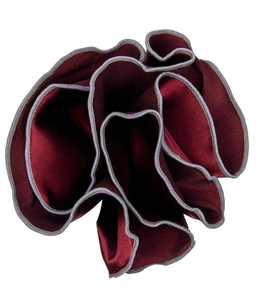 Dubal Brothers - Vittorio Farina Round Satin Pocket Square with Embroidered Piping: Burgundy and Gray