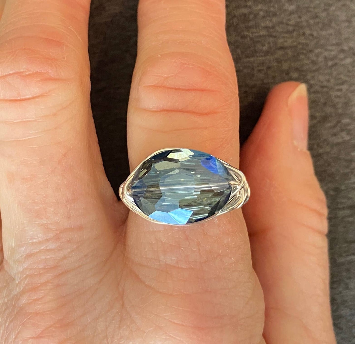 Marble Designs Jewelry - Blue Oval Crystal Silver Wire Wrapped Ring: Blue Crystal / Silver Wire / 8