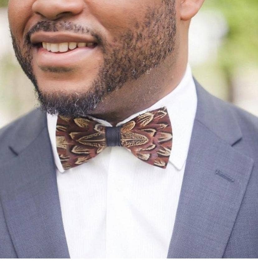 TYED BY DEDE - Handmade Brown Feather Bow Tie W/free Lapel Pin Set