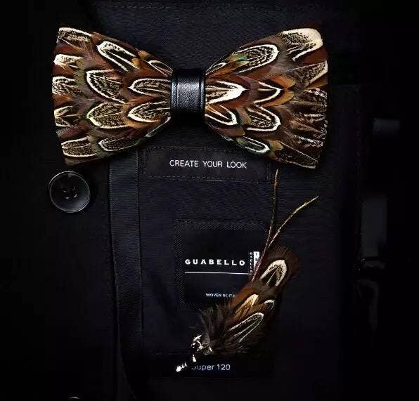 TYED BY DEDE - Handmade Brown Feather Bow Tie W/free Lapel Pin Set