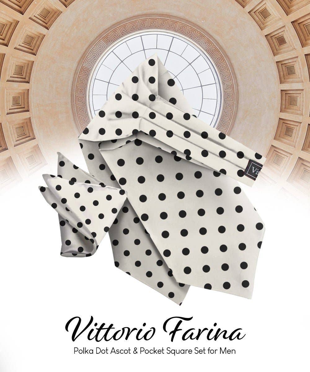 Dubal Brothers - Vittorio Farina Men's Polka Dot Satin Ascot & Pocket Square: White-Black / One Size