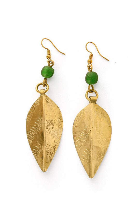 African Modern - Etched Brass Leaf Earrings with Green Glass Bead