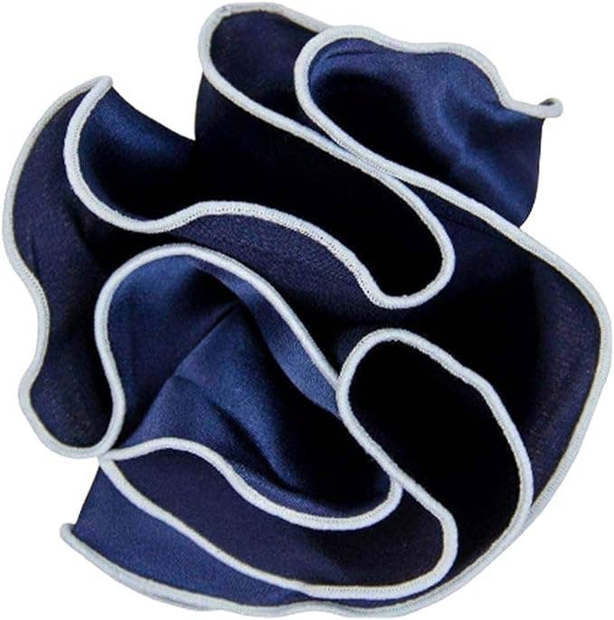 Dubal Brothers - Vittorio Farina Round Satin Pocket Square with Embroidered Piping: Navy Blue and White