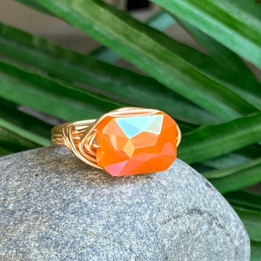 Marble Designs Jewelry - Gold Wire Wrapped Ring Faceted Orange Crystal Statement Ring: Gold / 6