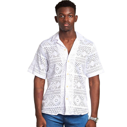 EIGHT X - Cayman Crochet Relaxed Fit Short Sleeve Shirt: WHITE / L