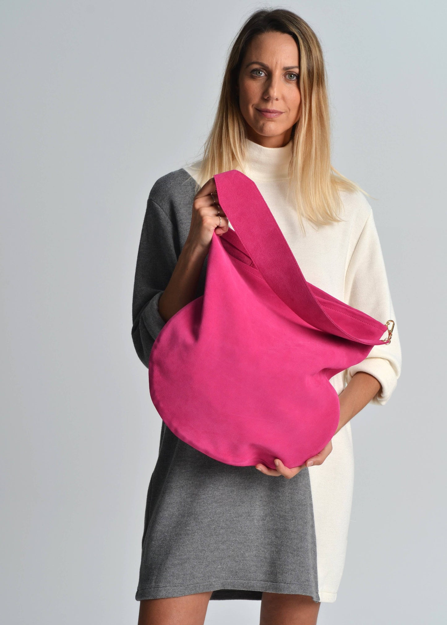 ANA KOUTSI - Anna soft suede bag in fuchsia: Silver