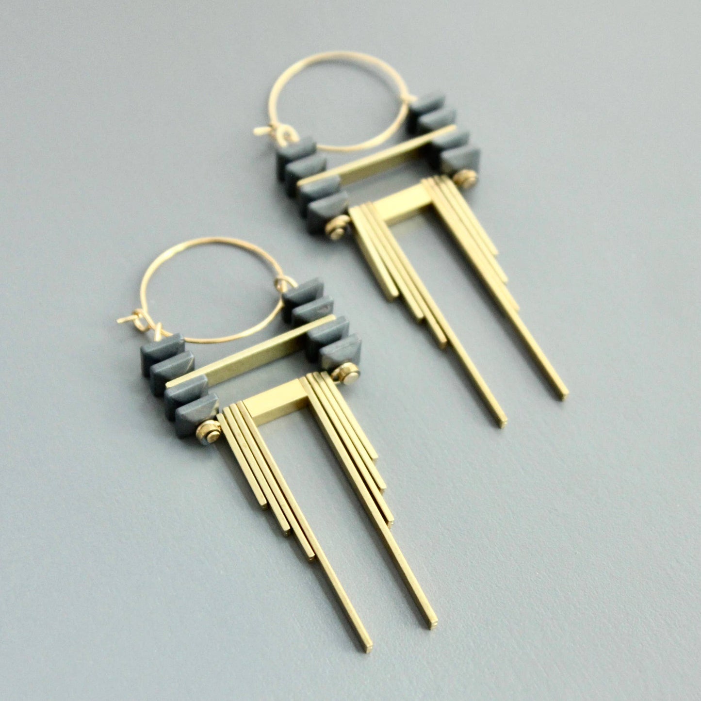 David Aubrey Jewelry - CHRE54 ArtDeco hematite and brass hoop earrings