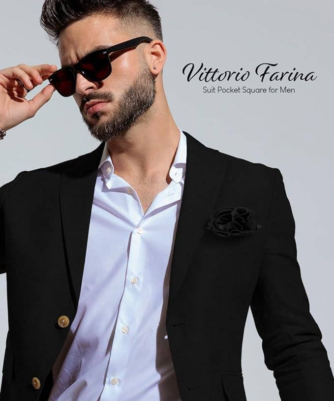 Dubal Brothers - Vittorio Farina Round Satin Pocket Square with Embroidered Piping: Amber and Royal