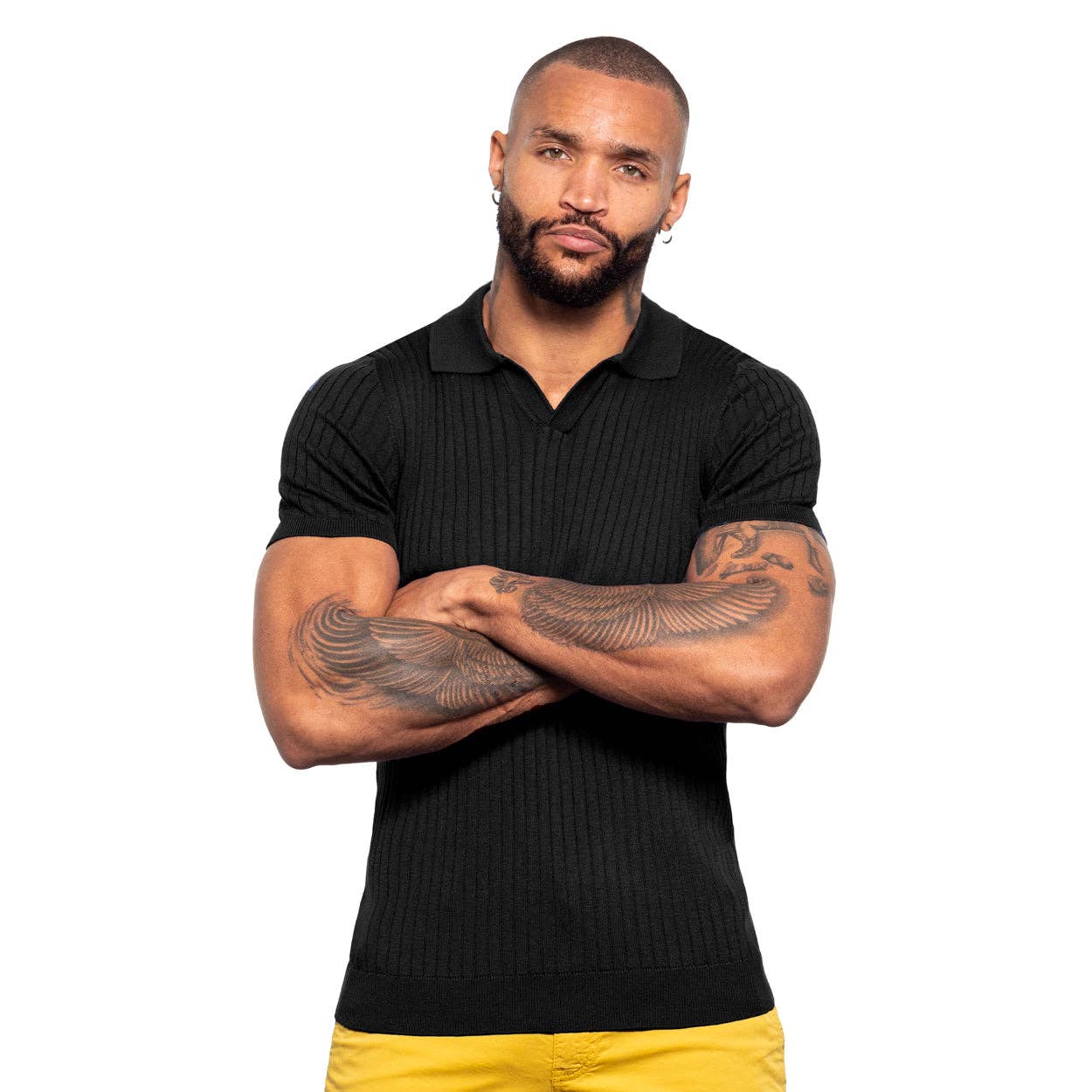 EIGHT X - Ribbed Knit Polo - Black: BLACK / L