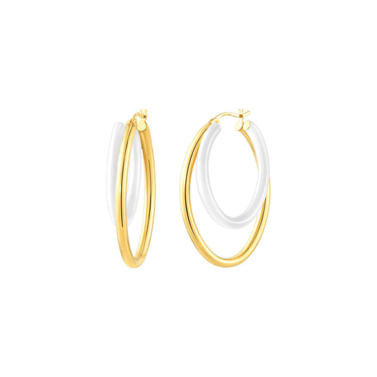 Gold & Honey - 2" Double Oval Hoop Earrings with White Enamel