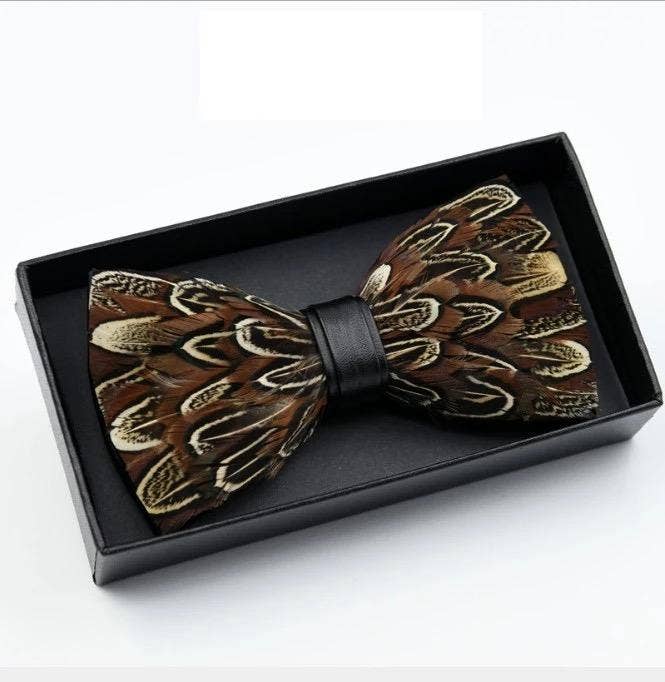 TYED BY DEDE - Handmade Brown Feather Bow Tie W/free Lapel Pin Set