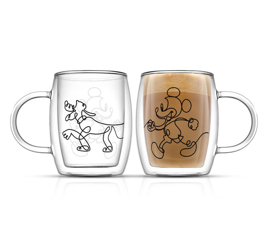 JoyJolt - Disney Mickey and Pluto Double Wall Coffee Mugs- Set of 2: 13.5 oz