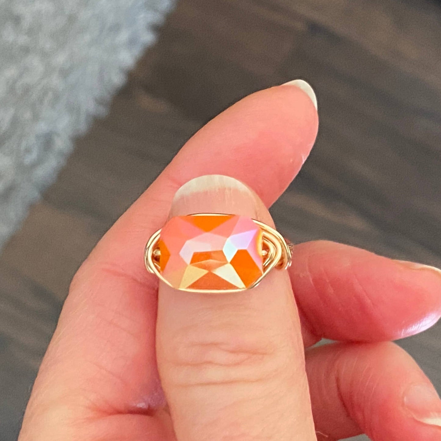 Marble Designs Jewelry - Gold Wire Wrapped Ring Faceted Orange Crystal Statement Ring: Gold / 8