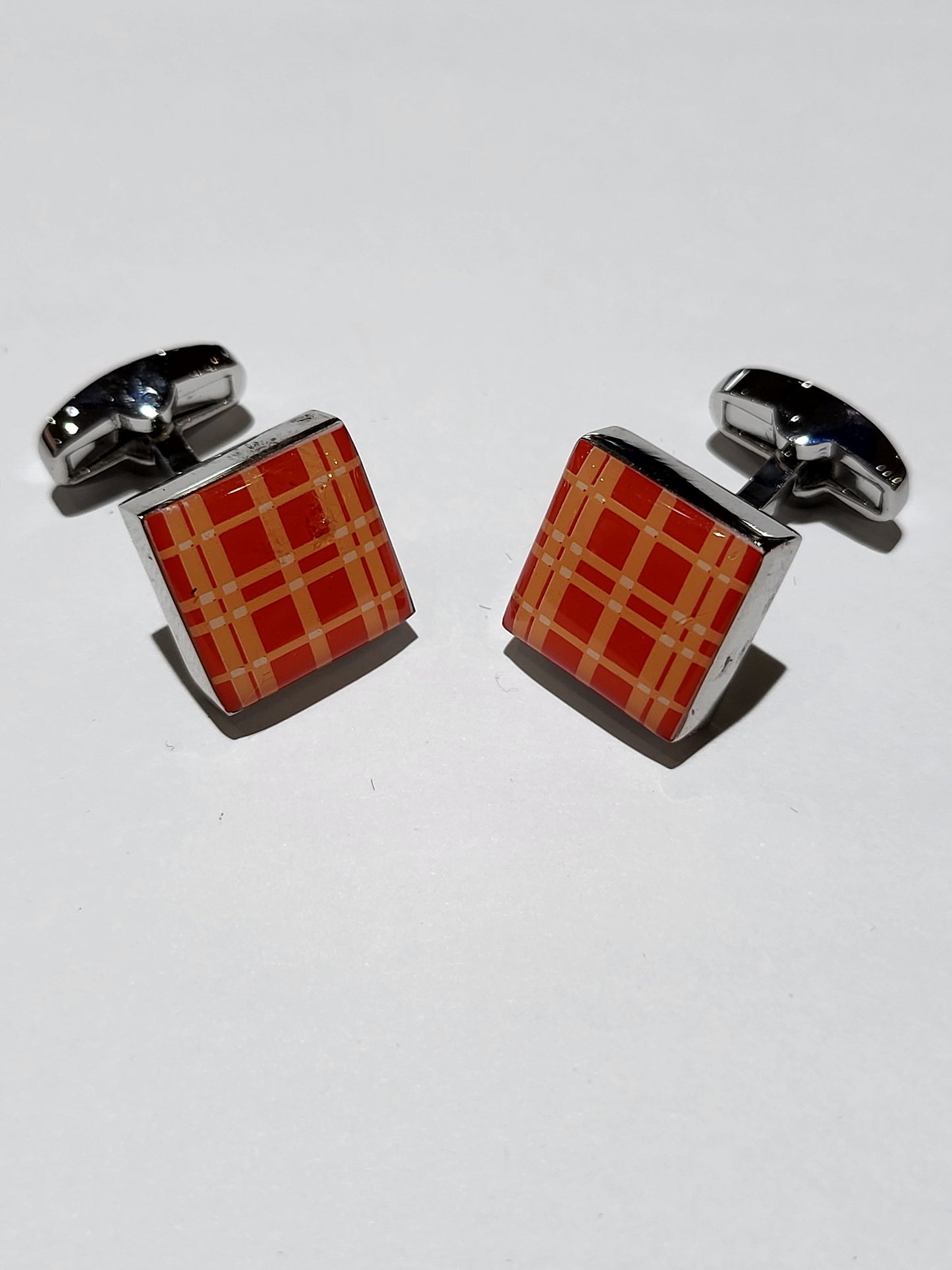 Silver Tn Orange Plaid Cufflinks