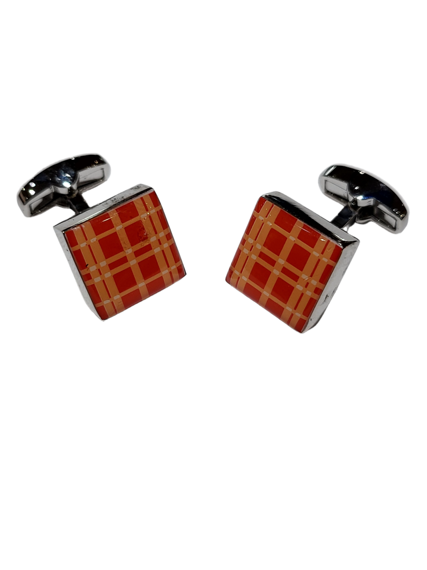 Silver Tn Orange Plaid Cufflinks