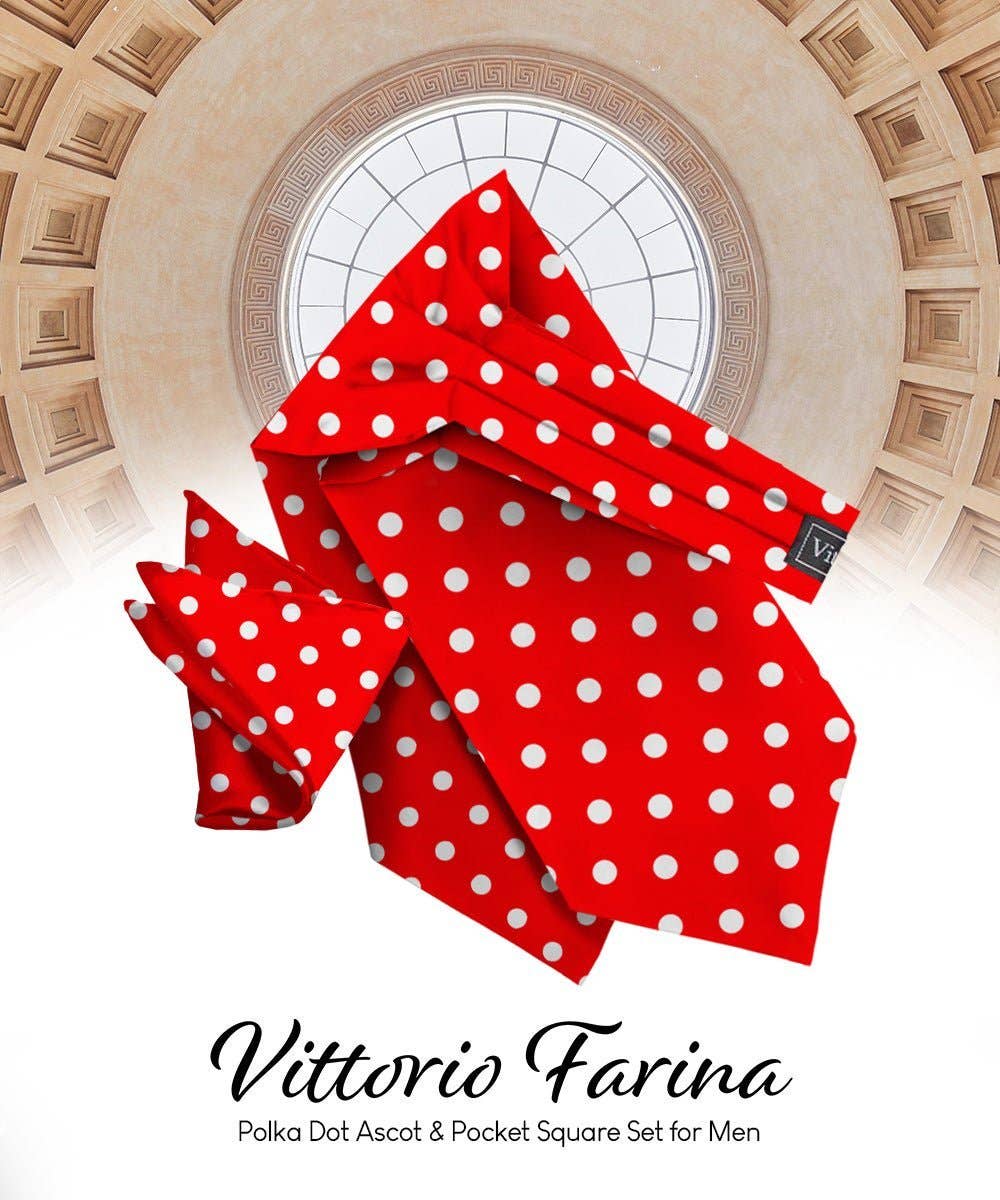 Dubal Brothers - Vittorio Farina Men's Polka Dot Satin Ascot & Pocket Square: White-Black / One Size
