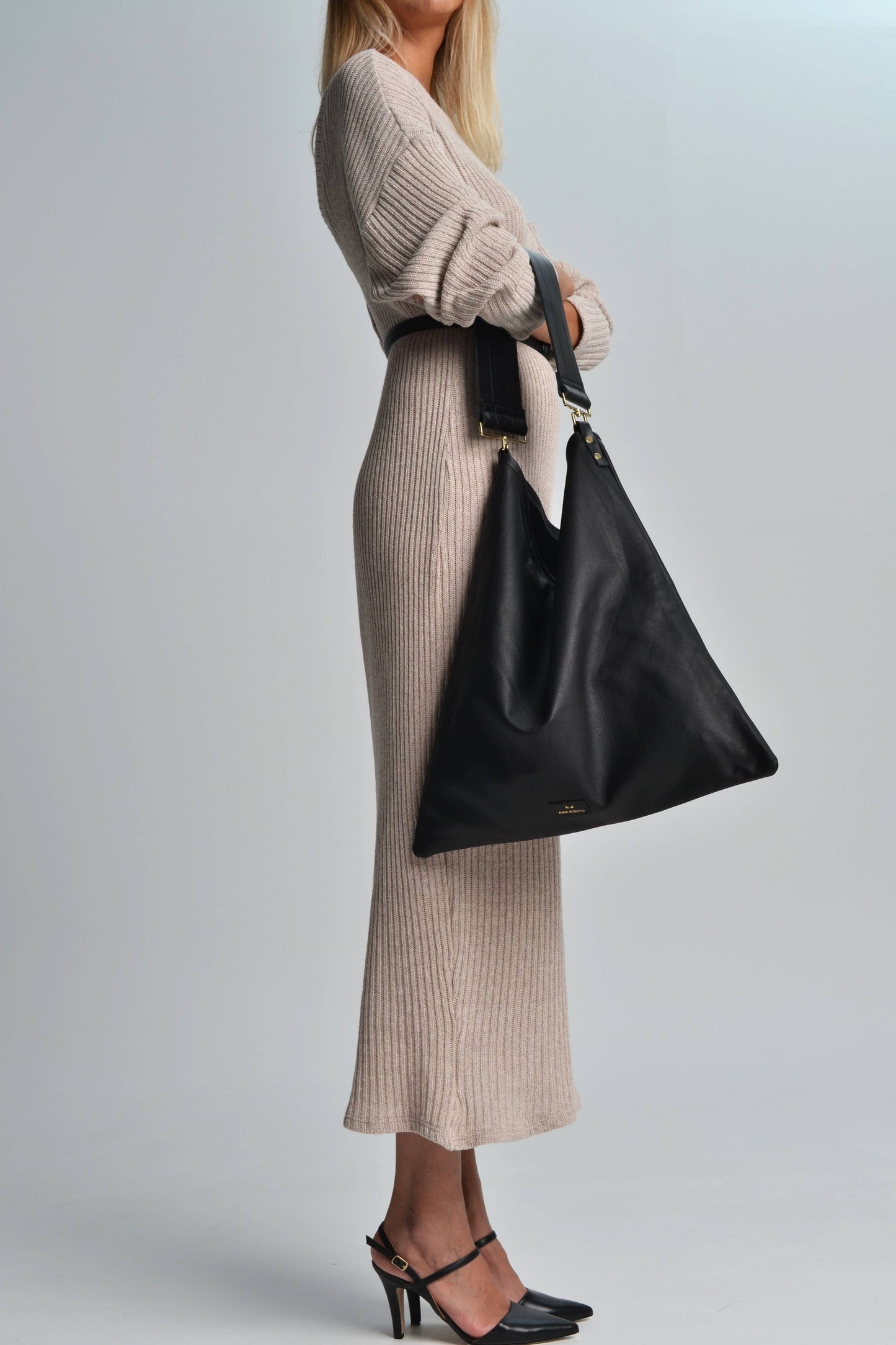 ANA KOUTSI - Akathi leather bag in black: Silver Hardware / Black Strap