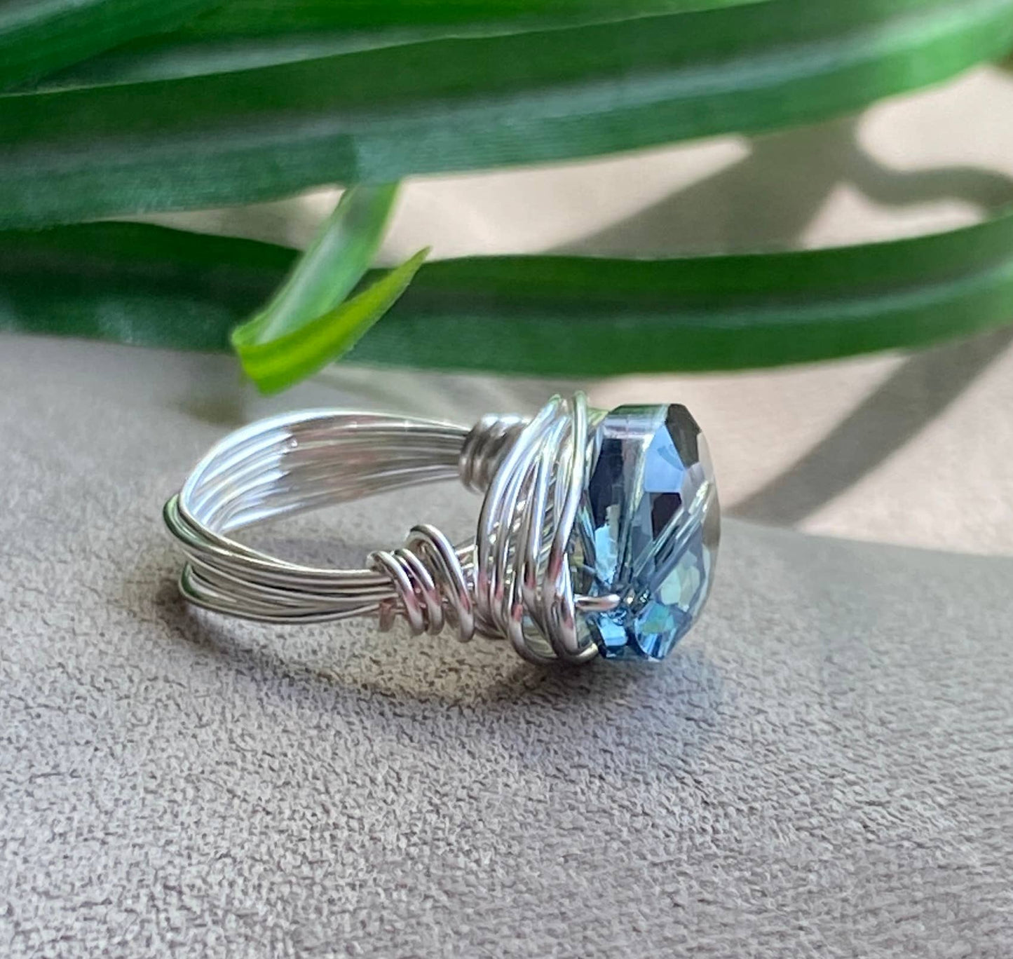 Marble Designs Jewelry - Blue Oval Crystal Silver Wire Wrapped Ring: Blue Crystal / Silver Wire / 8