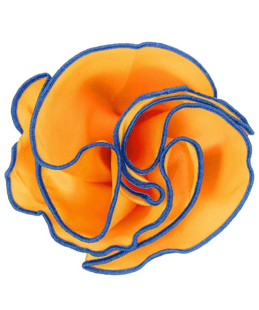 Dubal Brothers - Vittorio Farina Round Satin Pocket Square with Embroidered Piping: Amber and Royal