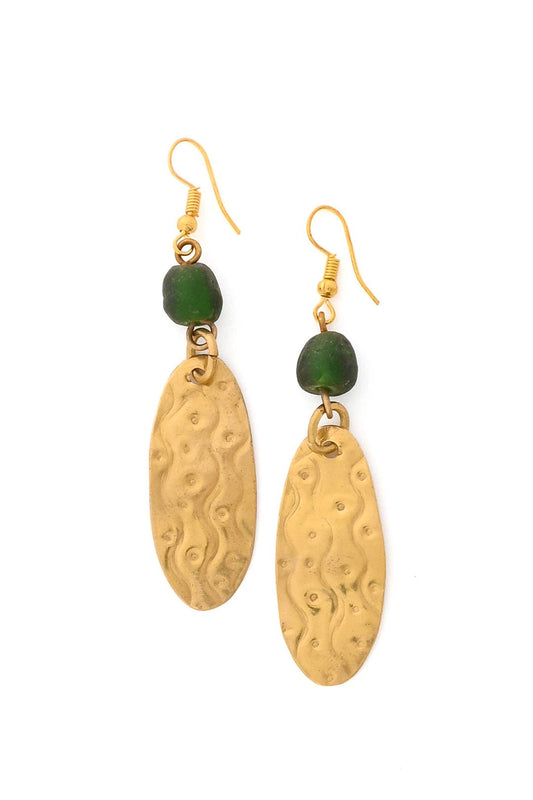 Swahili | AFRICAN MODERN - Small Brass Earrings with Green Glass Bead