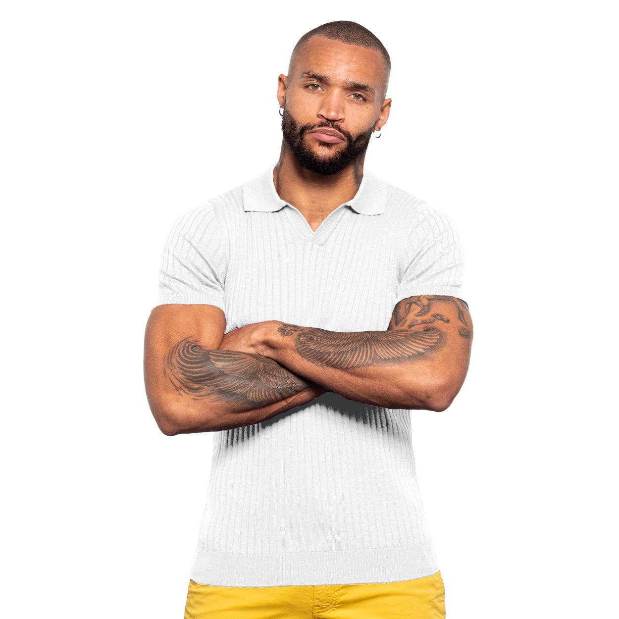 EIGHT X - Ribbed Knit Polo - White: WHITE / L