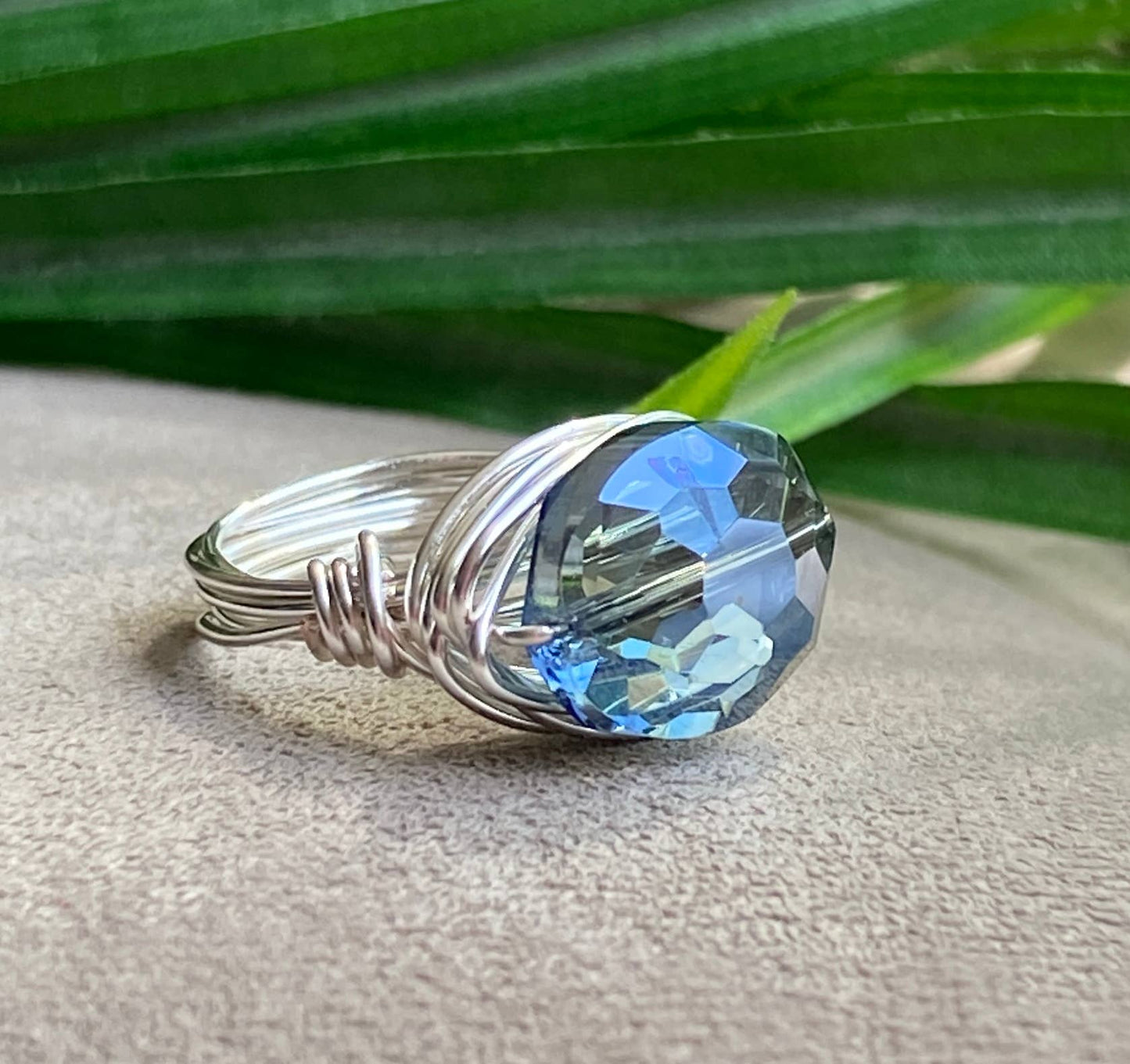Marble Designs Jewelry - Blue Oval Crystal Silver Wire Wrapped Ring: Blue Crystal / Silver Wire / 8