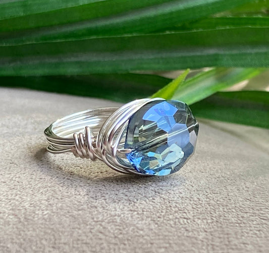 Marble Designs Jewelry - Blue Oval Crystal Silver Wire Wrapped Ring: Blue Crystal / Silver Wire / 8