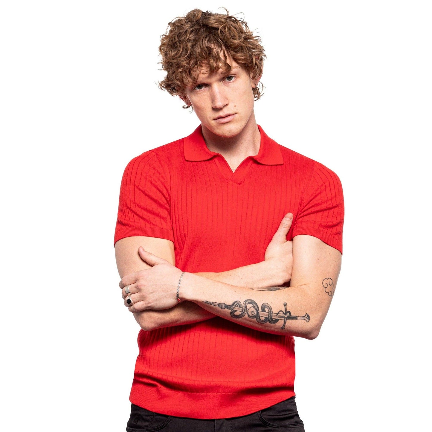 EIGHT X - Ribbed Knit Polo - Red: RED / 2XL