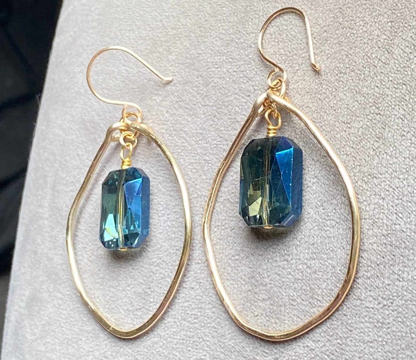 Marble Designs Jewelry - Gold Hammered Hoop Blue Crystal Earrings Sparkle Drop: Blue / Gold