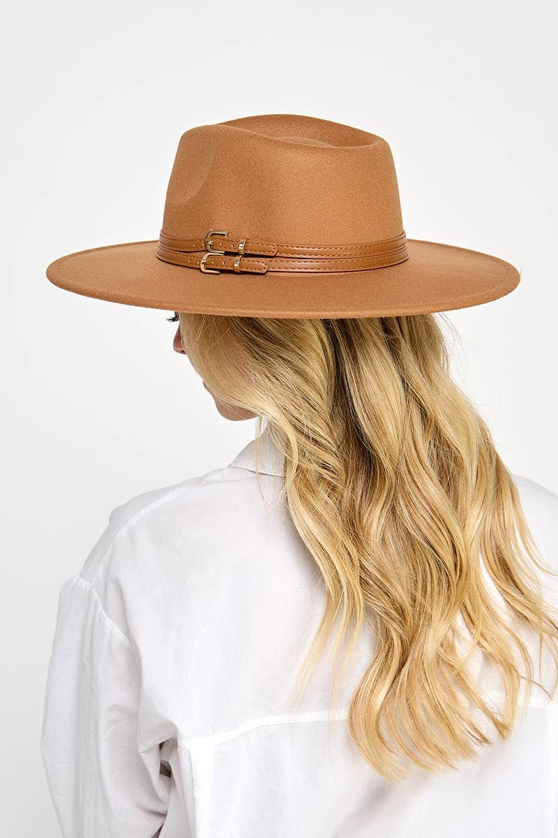 Collections by Fame Accessories - Double Belt Strap Fedora Hat: IV