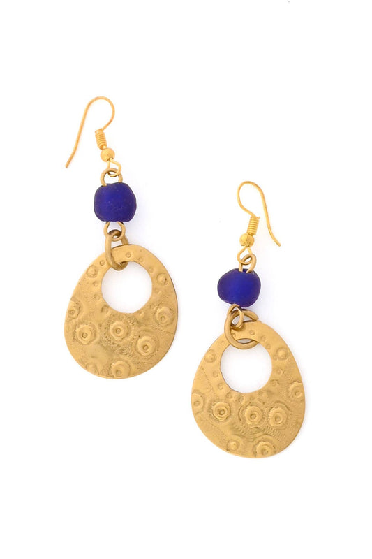 African Modern - Small Brass Earrings with Blue Glass Bead