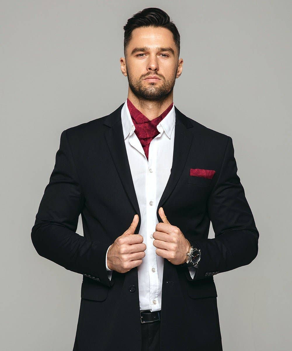 Dubal Brothers - Vittorio Farina Men's Woven Paisley Ascot & Pocket Square: Burgundy / One Size