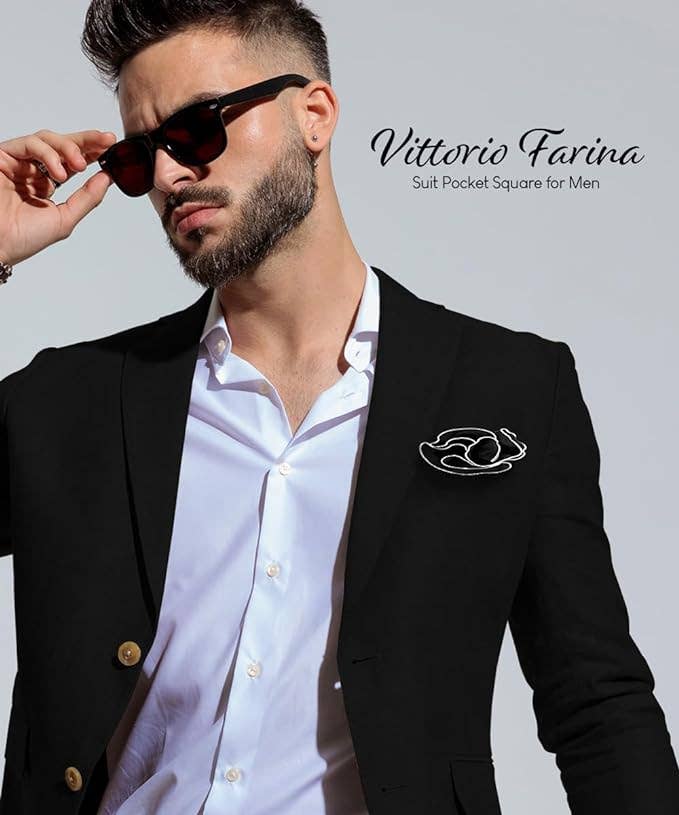 Dubal Brothers - Vittorio Farina Round Satin Pocket Square with Embroidered Piping: Black and Red