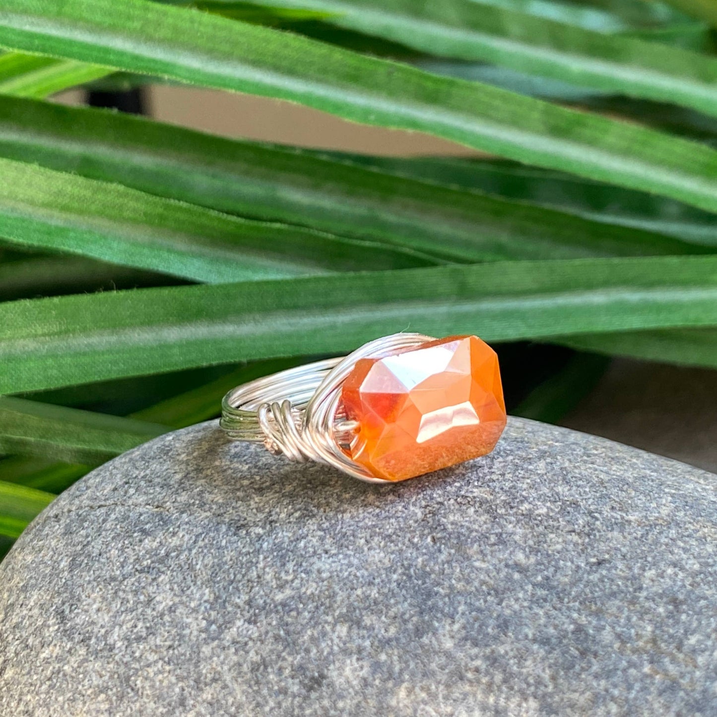 Marble Designs Jewelry - Gold Wire Wrapped Ring Faceted Orange Crystal Statement Ring: Gold / 7
