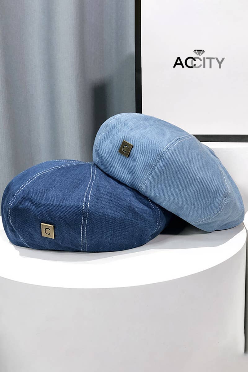 ACCITY - DENIM  FASHION BERET CAP_CWAH0484: NAVY / (OS) 2