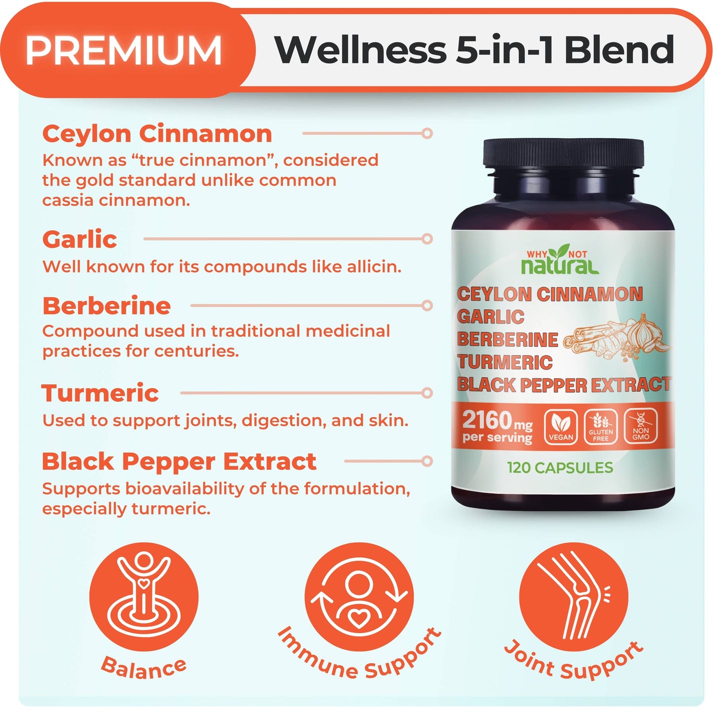 WhyNotNatural - 5-in-1 Organic Ceylon Cinnamon Capsules, Blood Sugar Support