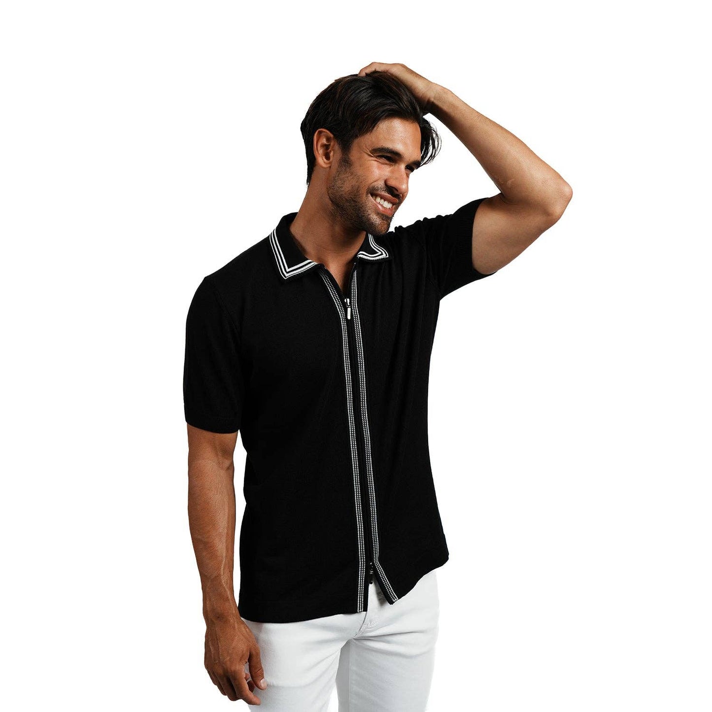 EIGHT X - Contour Short Sleeve Two Way Zip Knit Polo Shirt - Black: BLACK / M