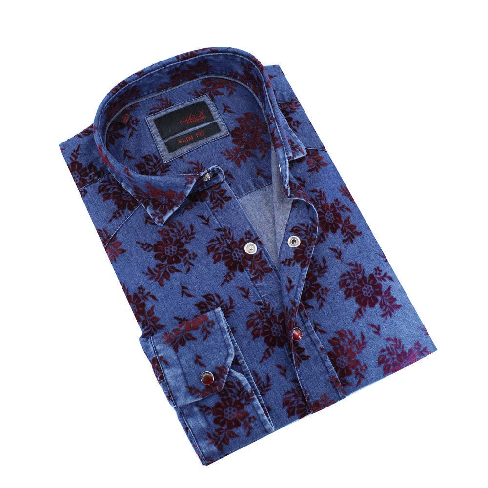 EIGHT X - Denim Shirt with Burgundy Flocking  Bouquet: SMALL