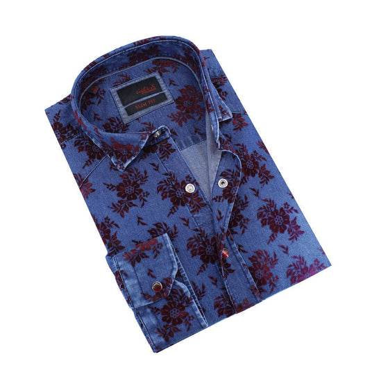 EIGHT X - Denim Shirt with Burgundy Flocking  Bouquet: XLARGE