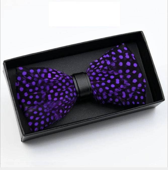 TYED BY DEDE - Handmade Purple Polka Dot Feather Bow Tie W/free Lapel Pin Set