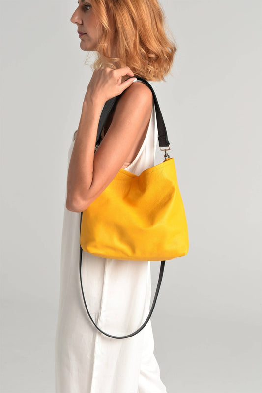 ANA KOUTSI - Dioni leather bag in yellow: With Magnetic Snap / Silver