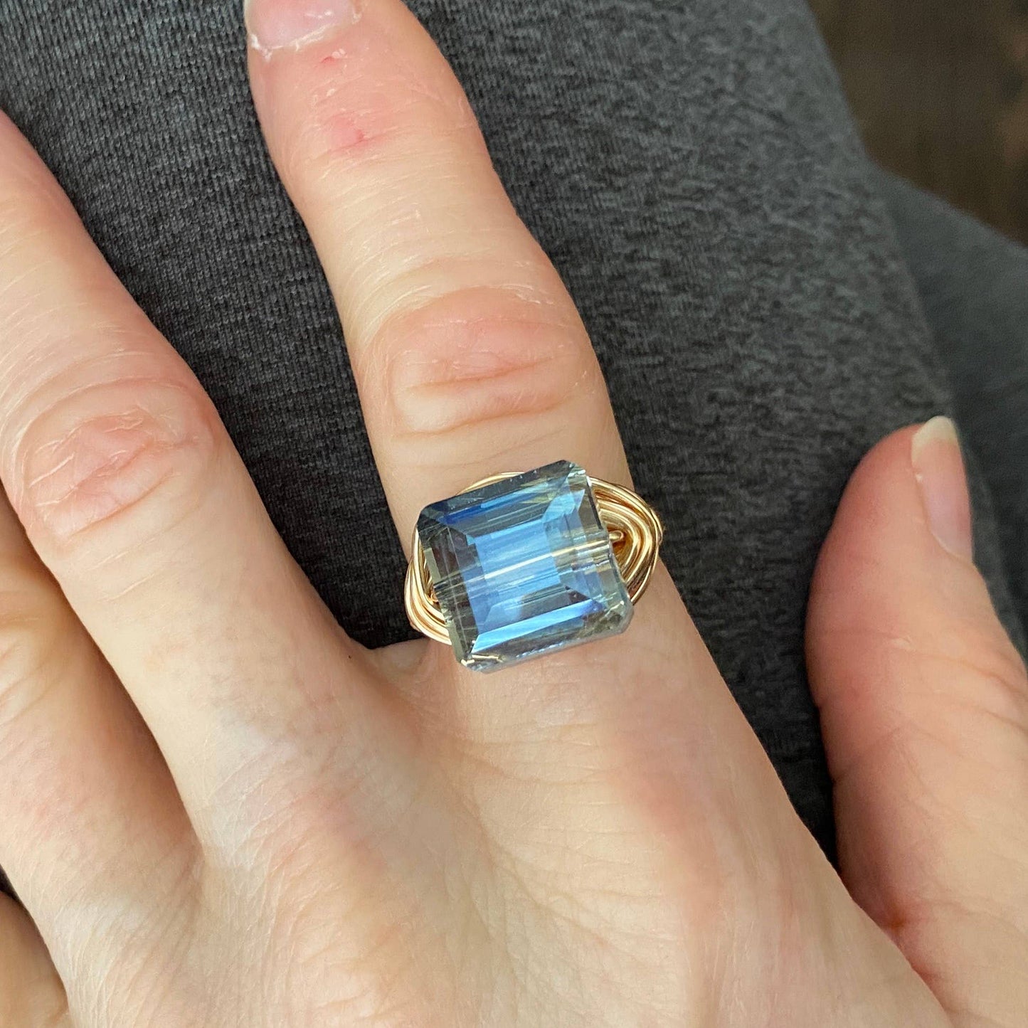 Marble Designs Jewelry - Blue Square Crystal Gold Wire Wrapped Ring StatementCocktail: Blue / Gold / 6