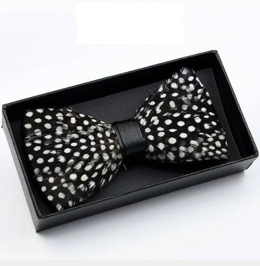 TYED BY DEDE - Hand Made Natural Bird Feather Polka Dot Exquisite Bow Tie W/free Brooch Pin Set