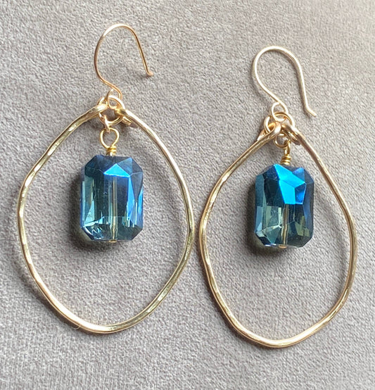 Marble Designs Jewelry - Gold Hammered Hoop Blue Crystal Earrings Sparkle Drop: Blue / Gold
