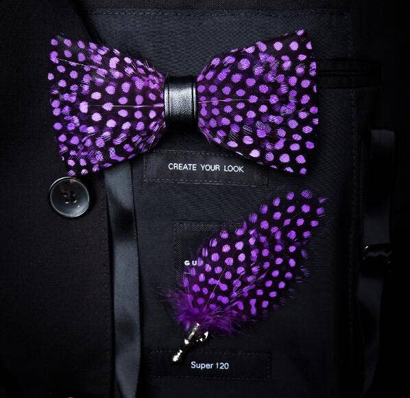 TYED BY DEDE - Handmade Purple Polka Dot Feather Bow Tie W/free Lapel Pin Set