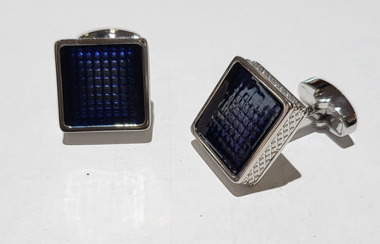 Enzone Cufflinks Silver Tn Navy Blue Enamel Grid