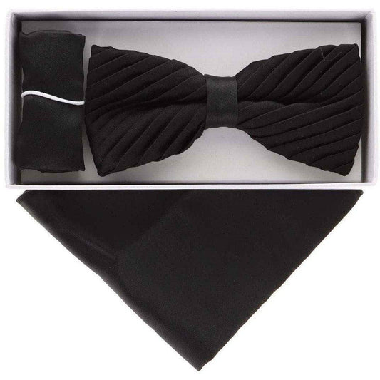 Classy Cufflinks - Vittorio Farina Pleated Bow Tie & Pocket Square by Classy Cufflinks: Black (RBH 001)